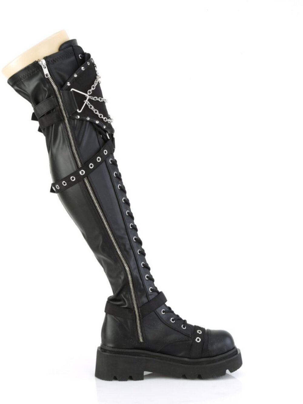 Tiered Platform Stretch Over-The-Knee Boots, Shield Strap, Chain & Stud Details